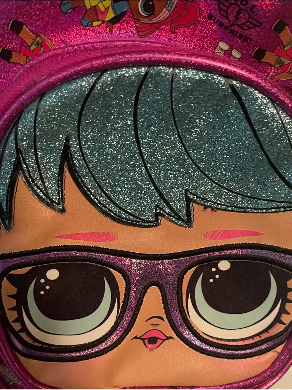 L.O.L. Surprise! Pink Glitter Mini Backpack with Teal Hair Character
